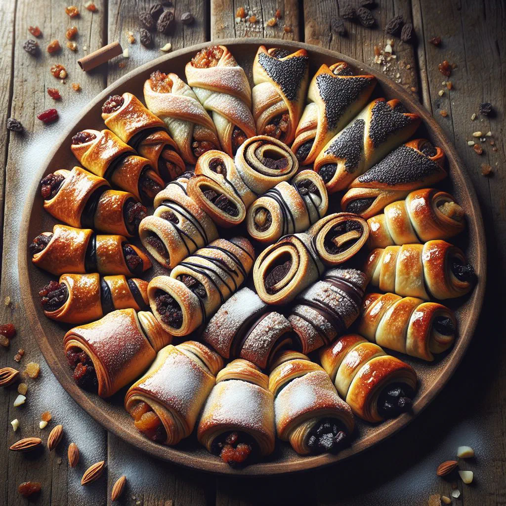 Rolled rugelach pastries with a nut and chocolate filling