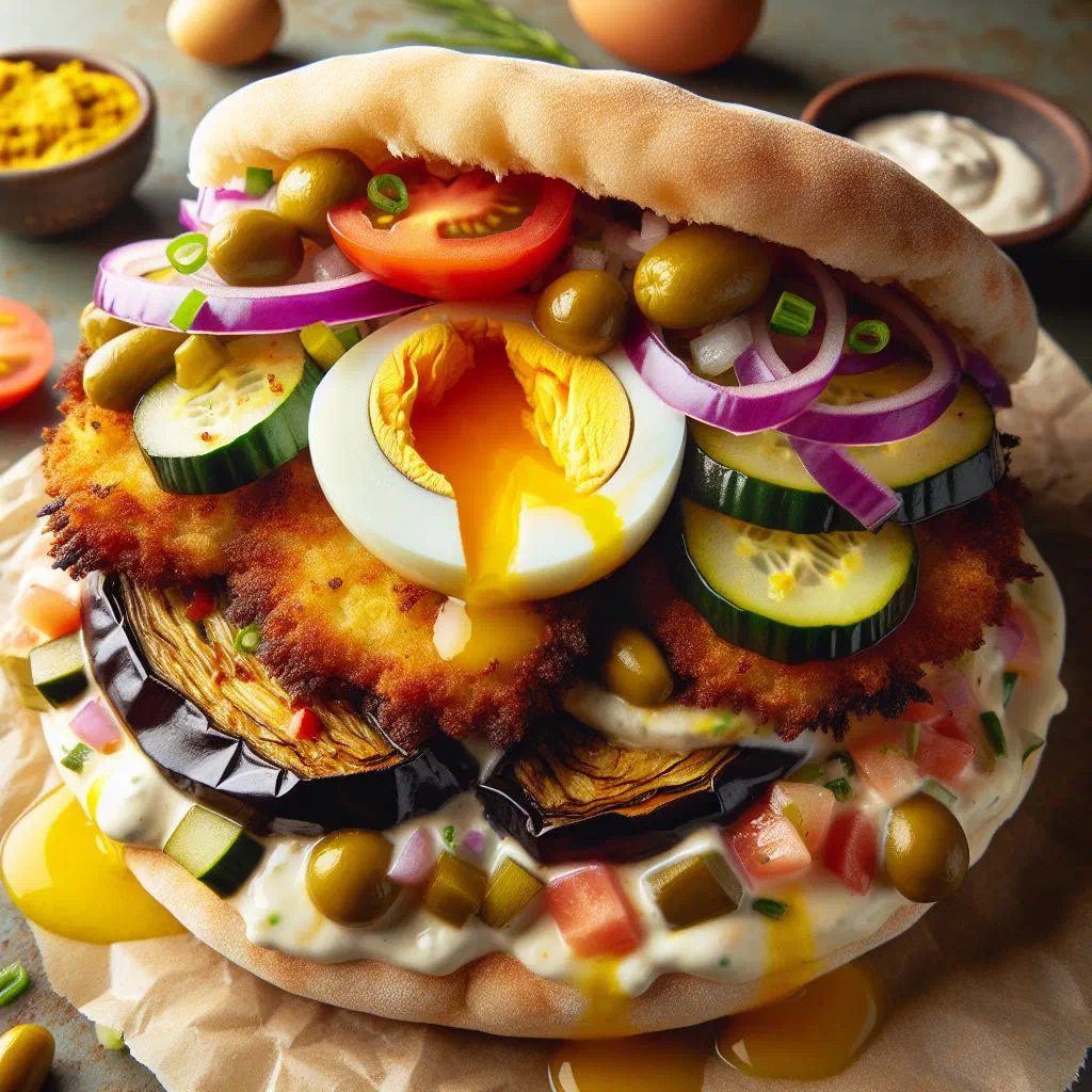 Sabich pita stuffed with fried aubergine, sliced egg and tahini