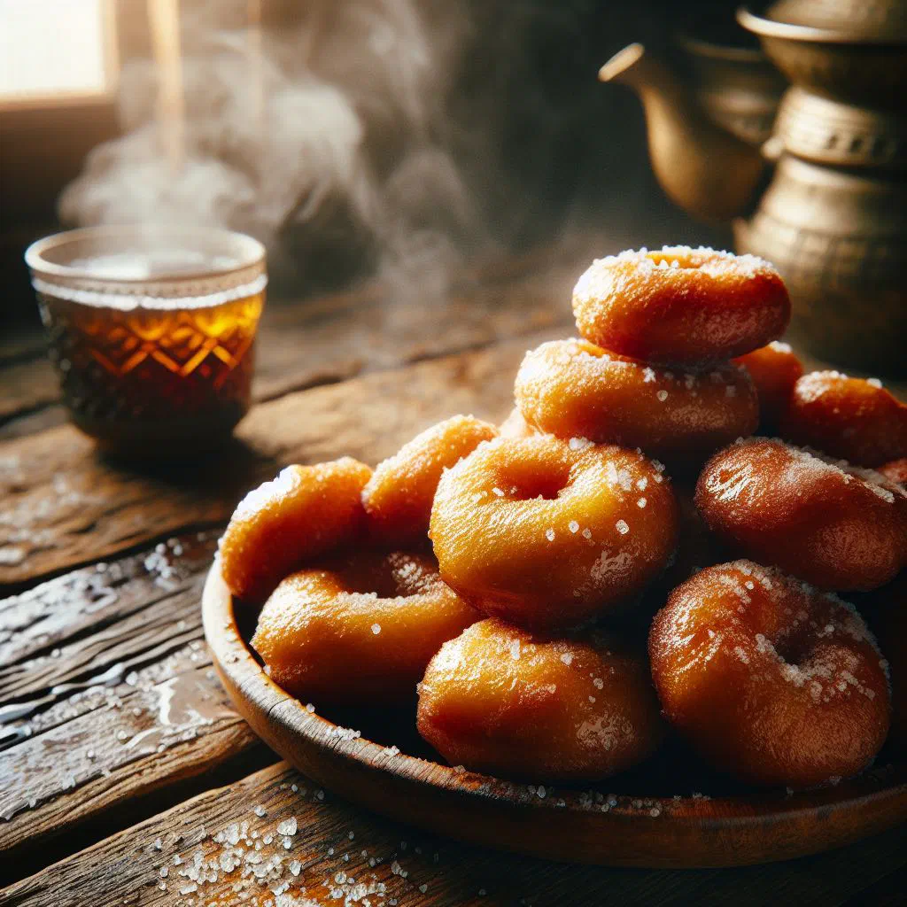 Golden fried sfenj doughnuts dusted with icing sugar on a plate
