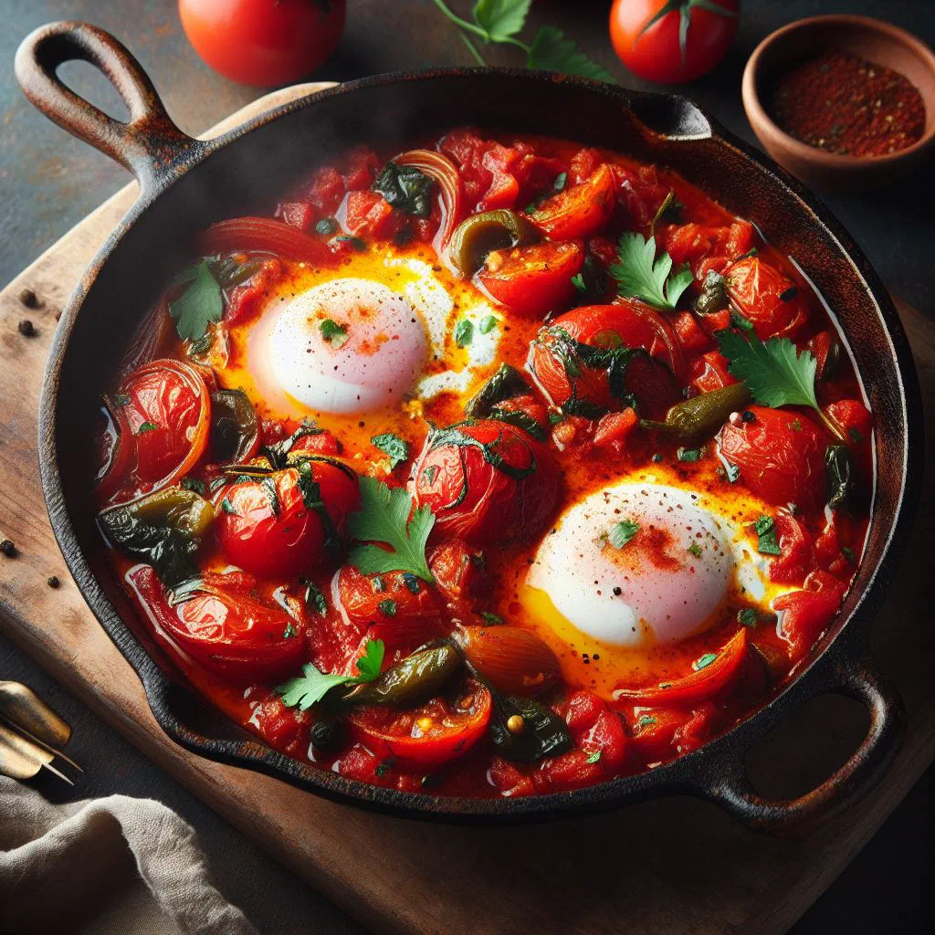 Shakshuka with poached eggs in a spiced tomato and pepper sauce