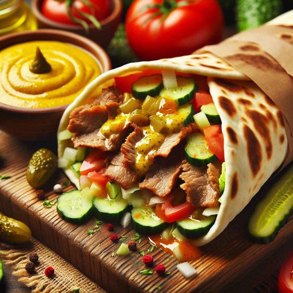Shawarma wrapped in flatbread with amba sauce and fresh vegetables