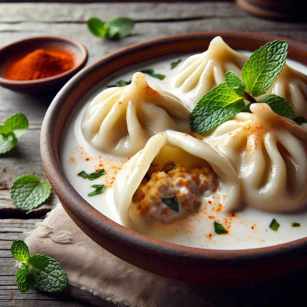Shoshbarak yoghurt dumplings served in a creamy yoghurt sauce with fresh herbs