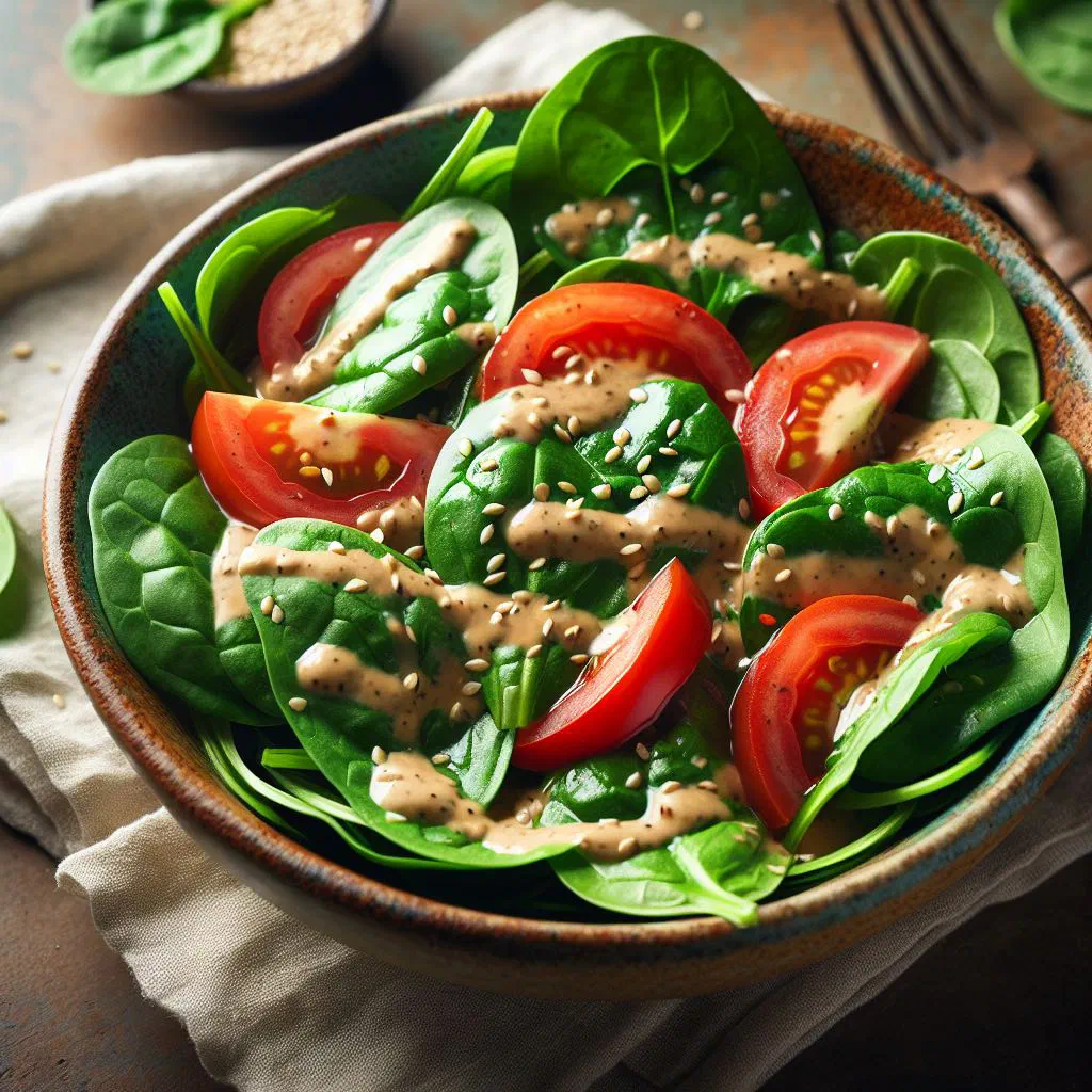 Fresh spinach salad tossed in creamy tahini dressing with toasted seeds