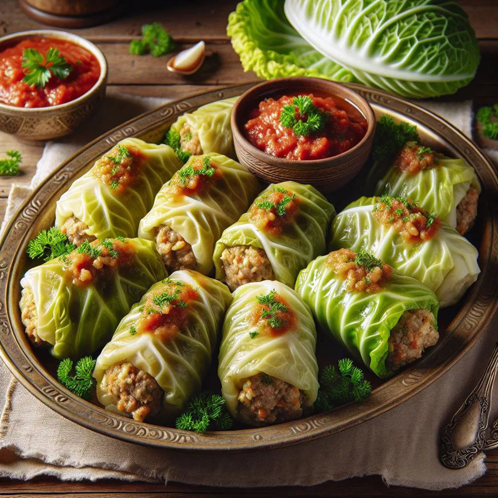 Stuffed cabbage rolls in tomato sauce garnished with fresh herbs