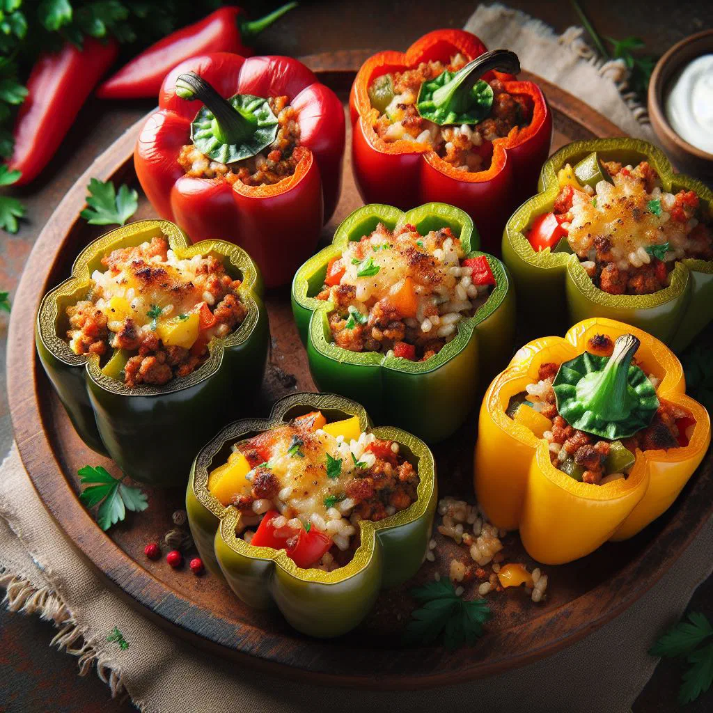 Baked stuffed peppers filled with rice and minced meat in tomato sauce