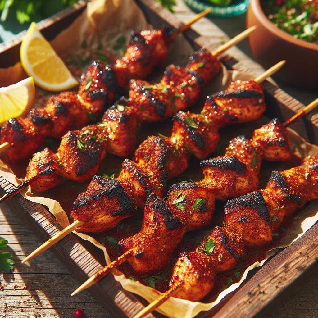 Grilled sumac chicken skewers garnished with fresh herbs