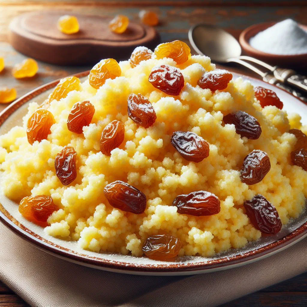 Bowl of sweet couscous studded with raisins and dusted with cinnamon