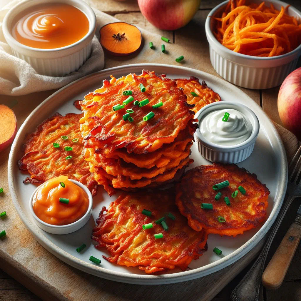Crispy golden sweet potato latkes stacked on a plate with fresh herbs