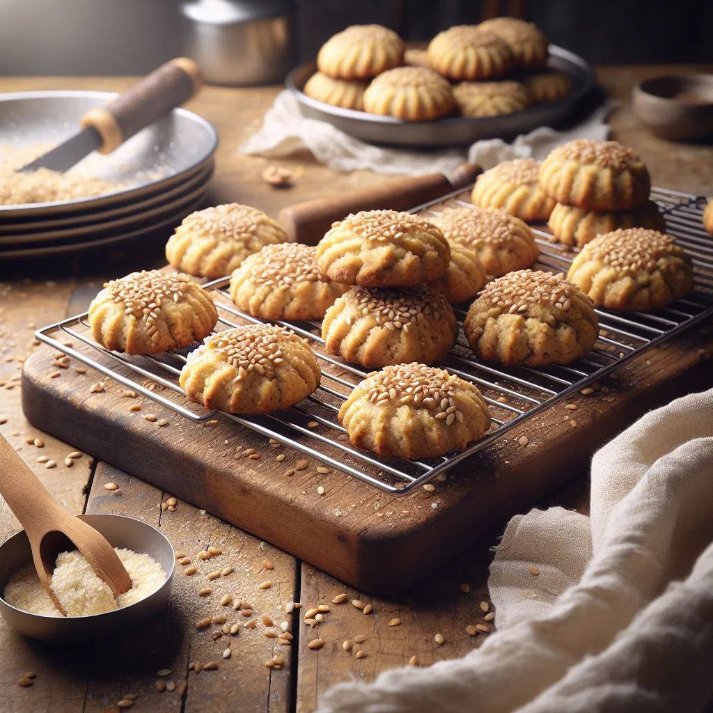 Golden tahini cookies cooling on a baking tray