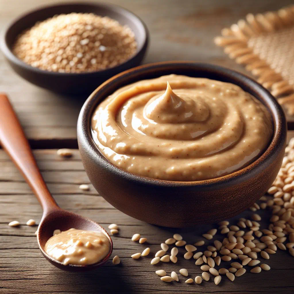 Bowl of creamy tahini drizzled with olive oil and toasted sesame seeds