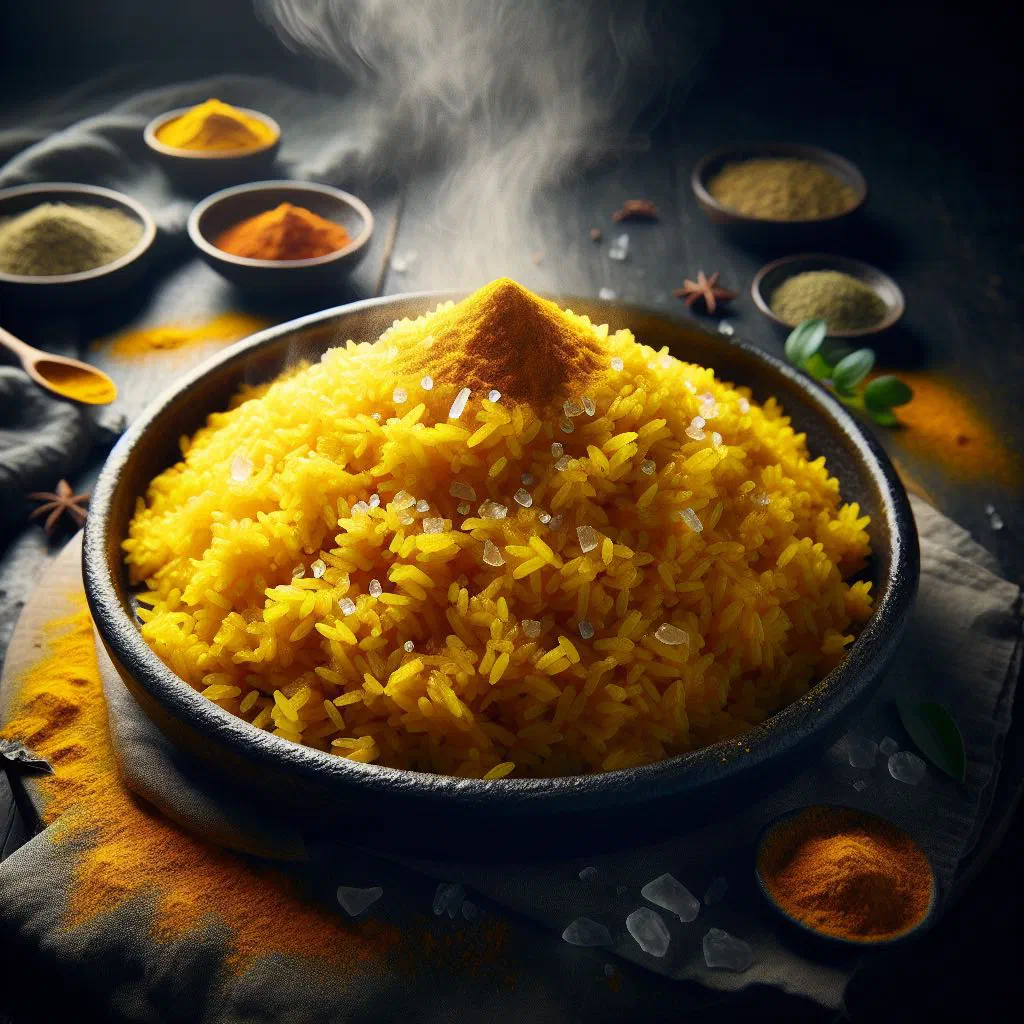 Golden turmeric rice in a bowl garnished with fresh herbs