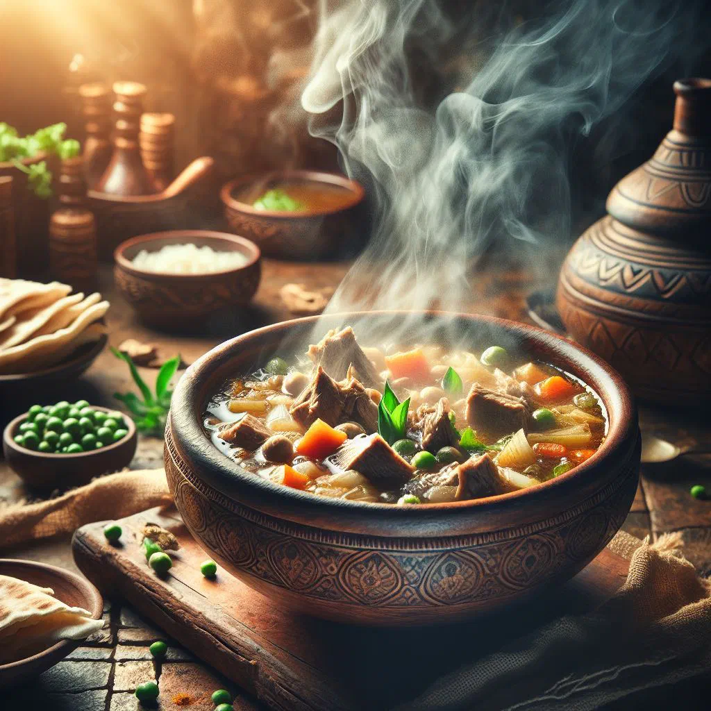 Bowl of Yemeni soup with tender lamb, vegetables and fresh coriander