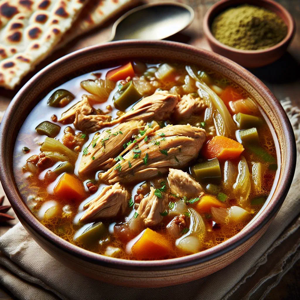 Bowl of Yemenite chicken soup with carrots, potato and fresh herbs