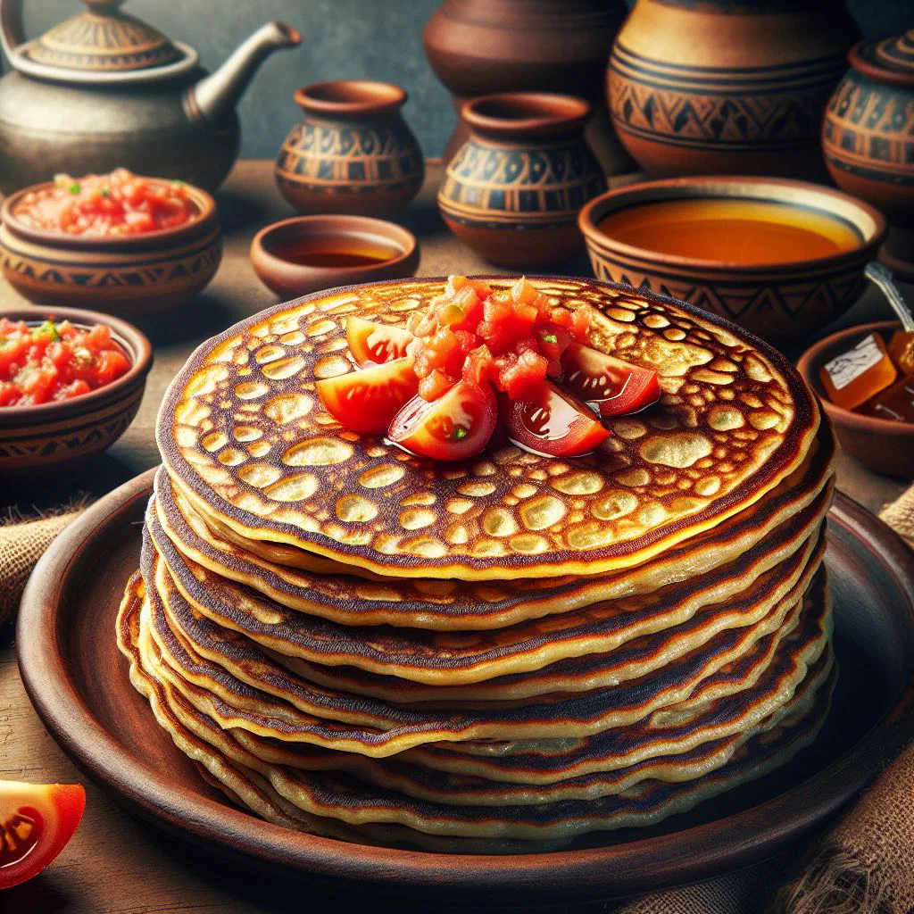 Golden, flaky Yemenite malawach flatbread served with dips