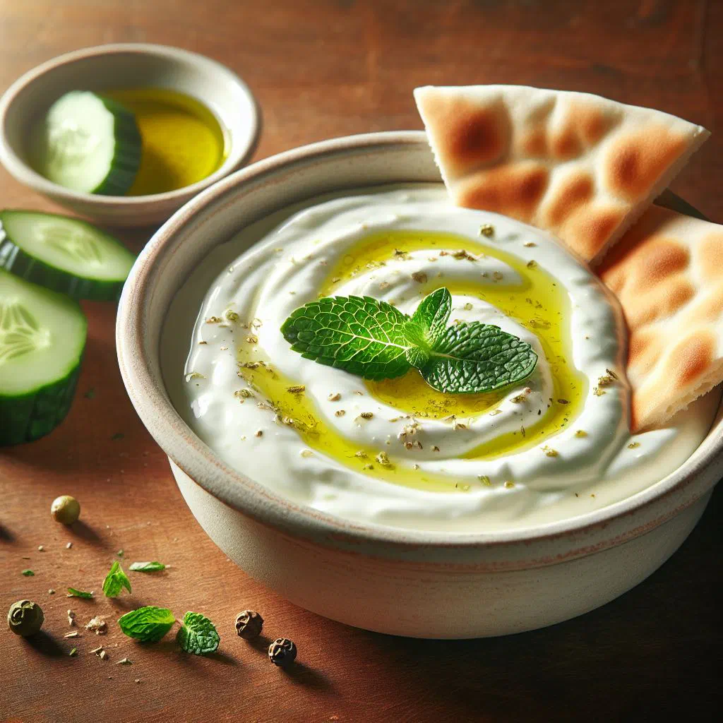 Creamy yogurt and cucumber dip garnished with fresh herbs