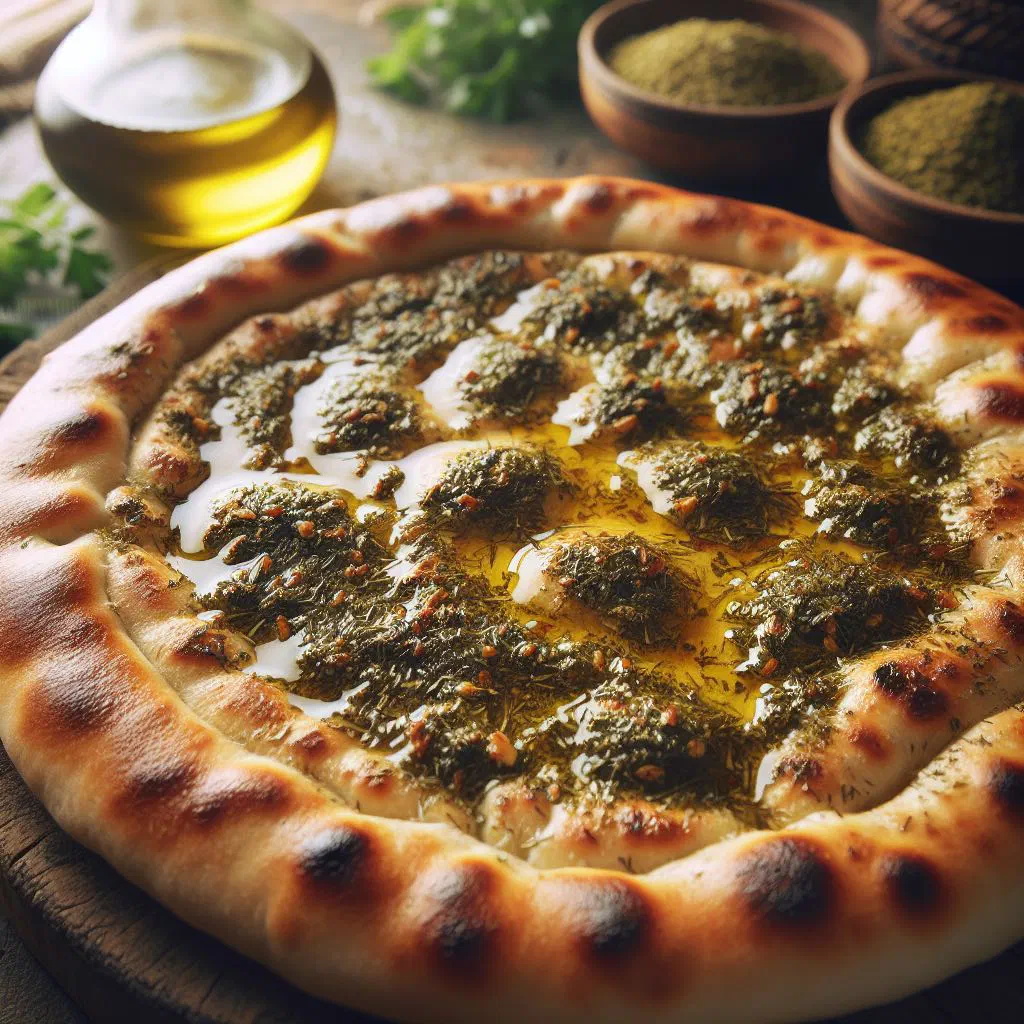 Freshly baked za'atar manakish flatbread topped with herbs and olive oil