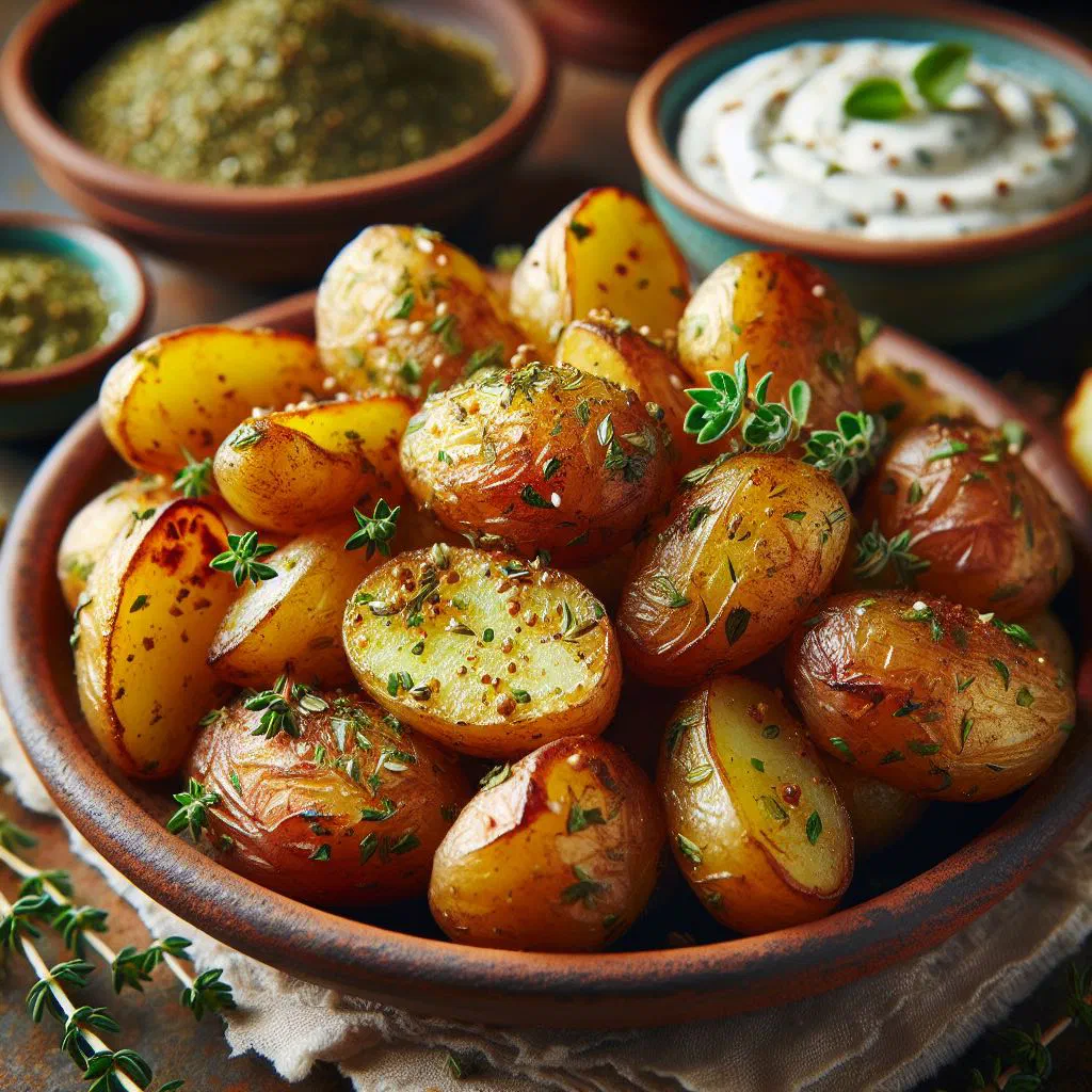 Golden, crispy za'atar roasted potatoes garnished with fresh herbs