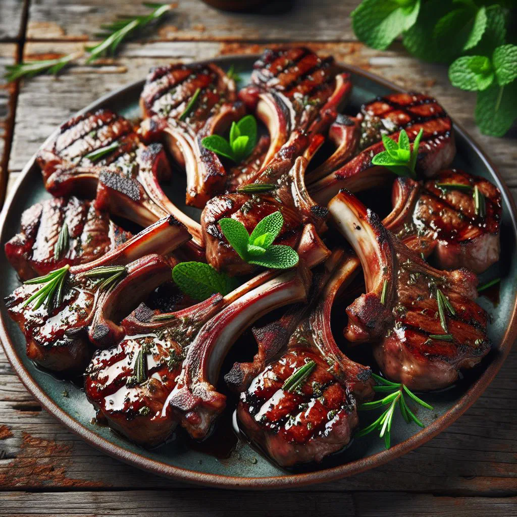 Grilled lamb chops with rosemary, garlic and lemon wedges on a platter