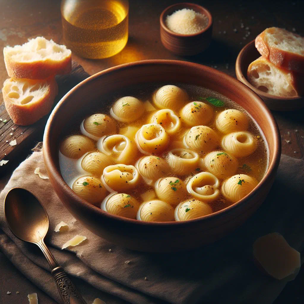 Anolini stuffed pasta parcels served in a clear golden broth