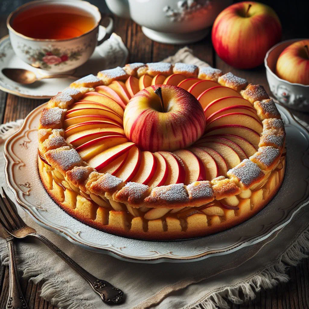 Golden Italian apple cake dusted with icing sugar