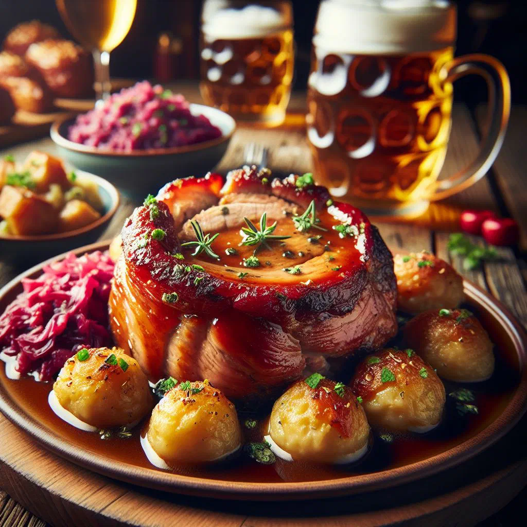 Sliced roast pork loin studded with rosemary and garlic on a serving plate