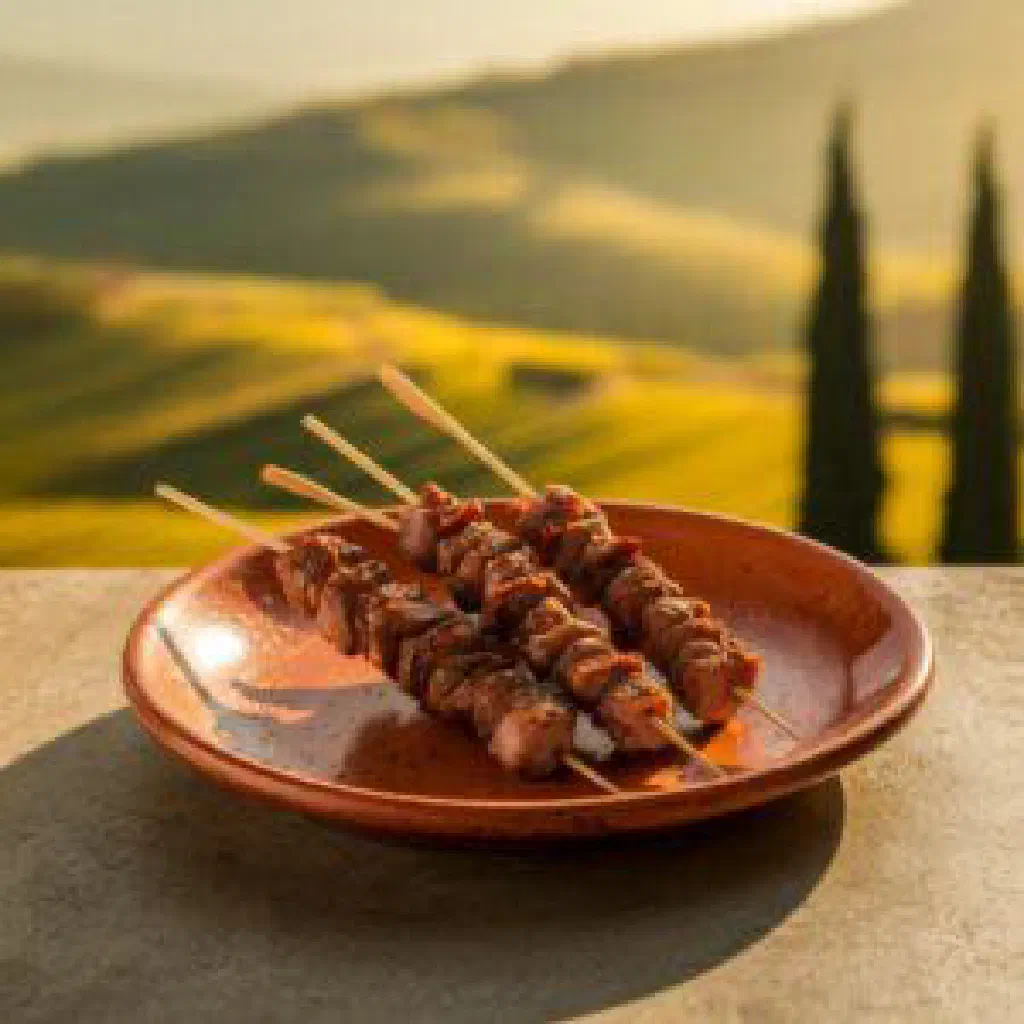 Grilled lamb skewers arrosticini abruzzesi on a wooden board with rosemary