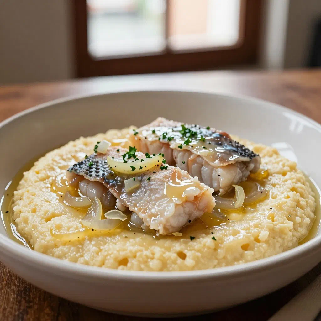 Baccalà alla Vicentina served with creamy polenta and chopped parsley
