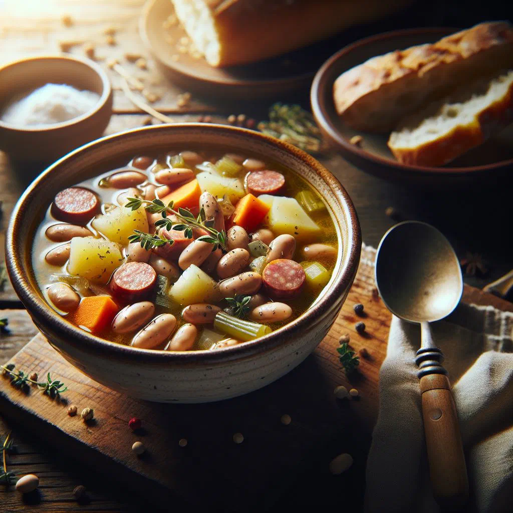 Rustic bowl of Italian white bean soup drizzled with olive oil
