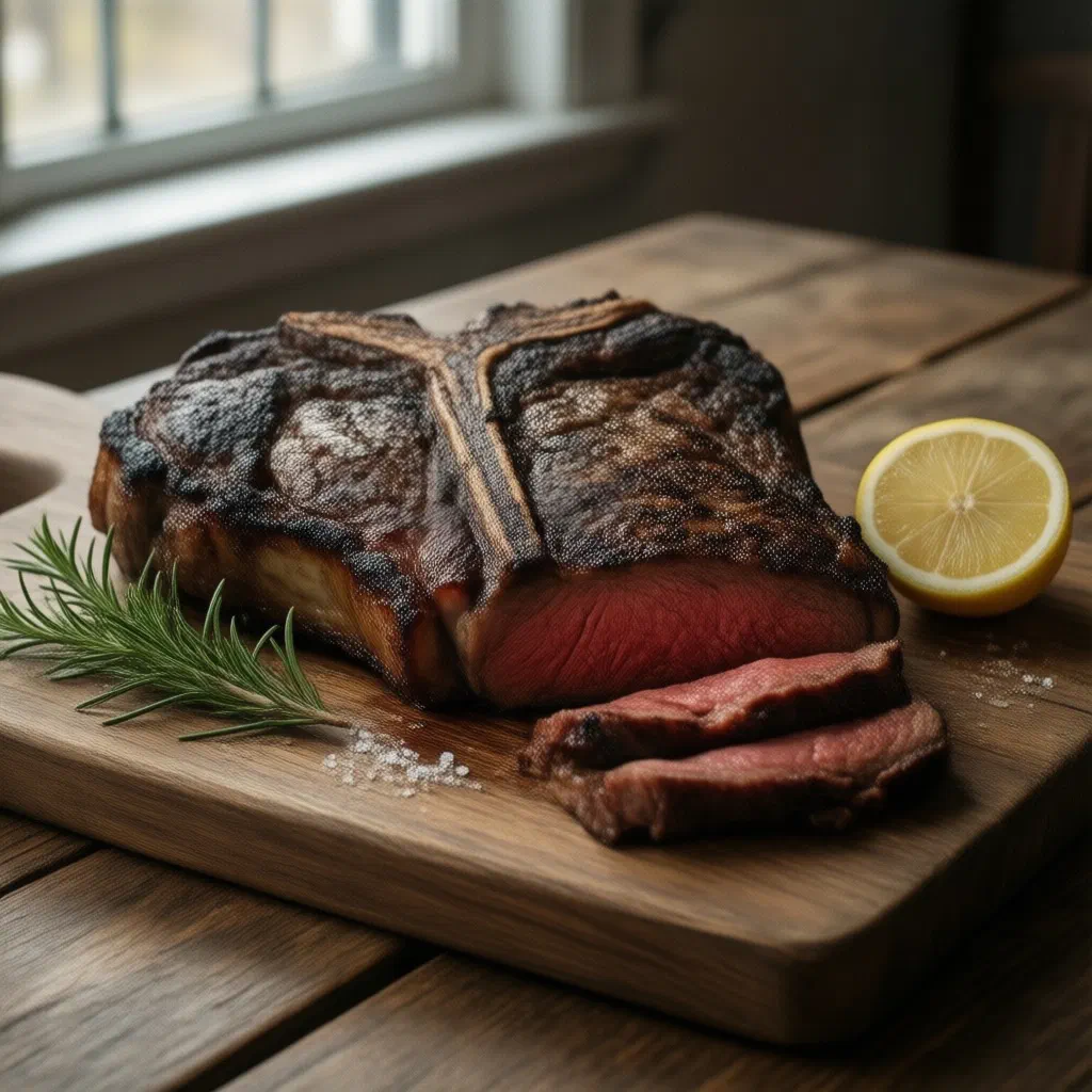 Thick grilled Bistecca alla Fiorentina T-bone steak sliced on a wooden board
