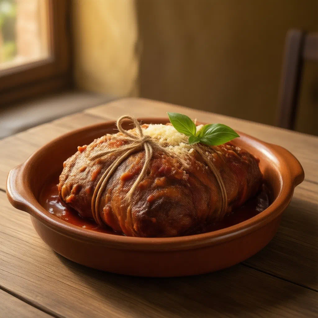 Braciola beef rolls simmered in tomato sauce, garnished with parsley