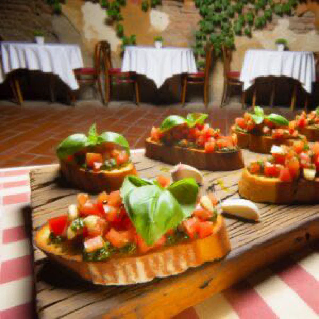 Toasted bread topped with diced tomatoes, basil and olive oil