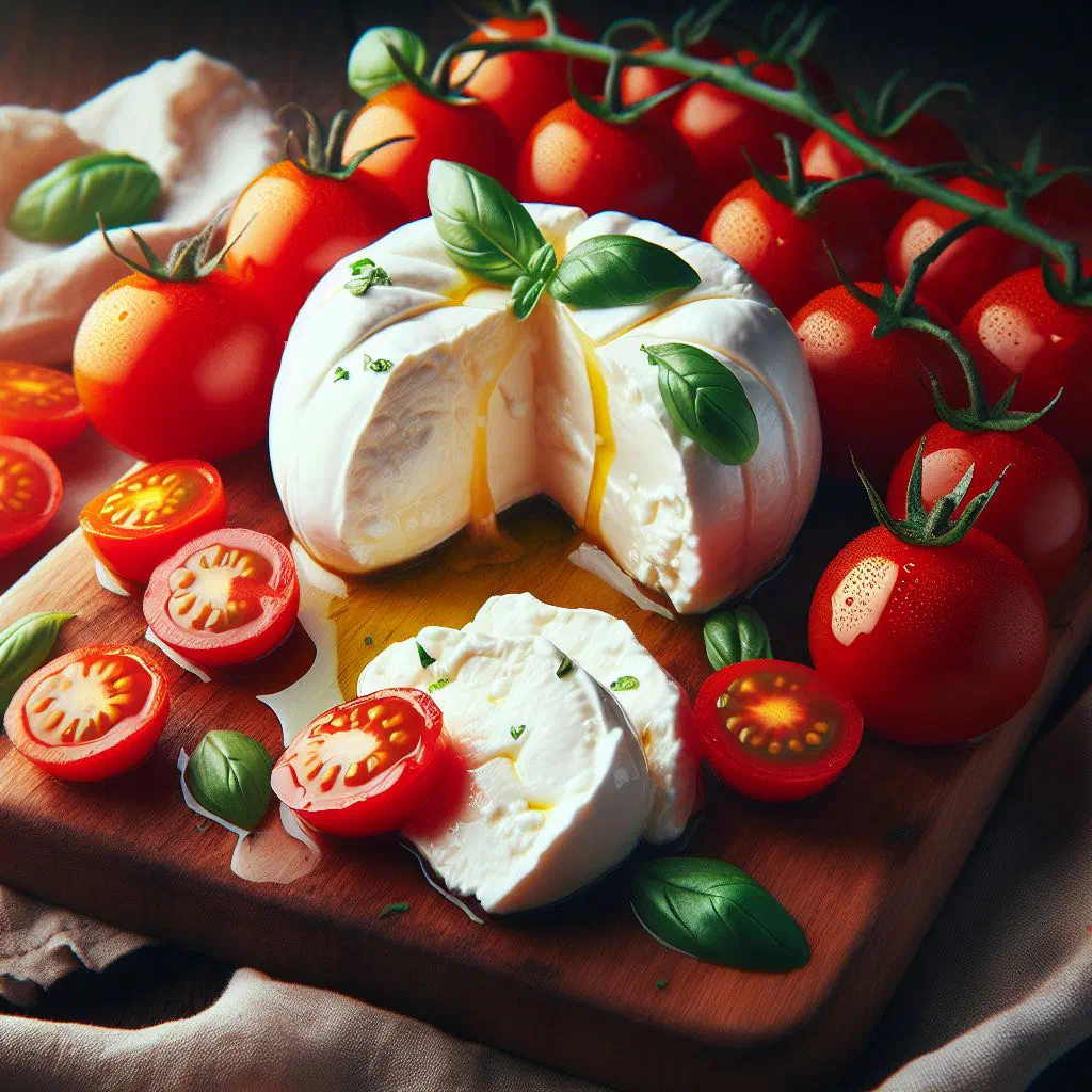 Creamy burrata surrounded by halved cherry tomatoes and fresh basil