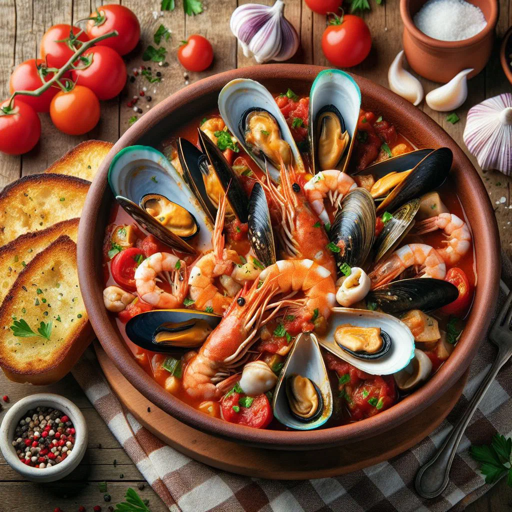 Tuscan cacciucco maremmano fish soup with prawns and mussels served with toasted bread