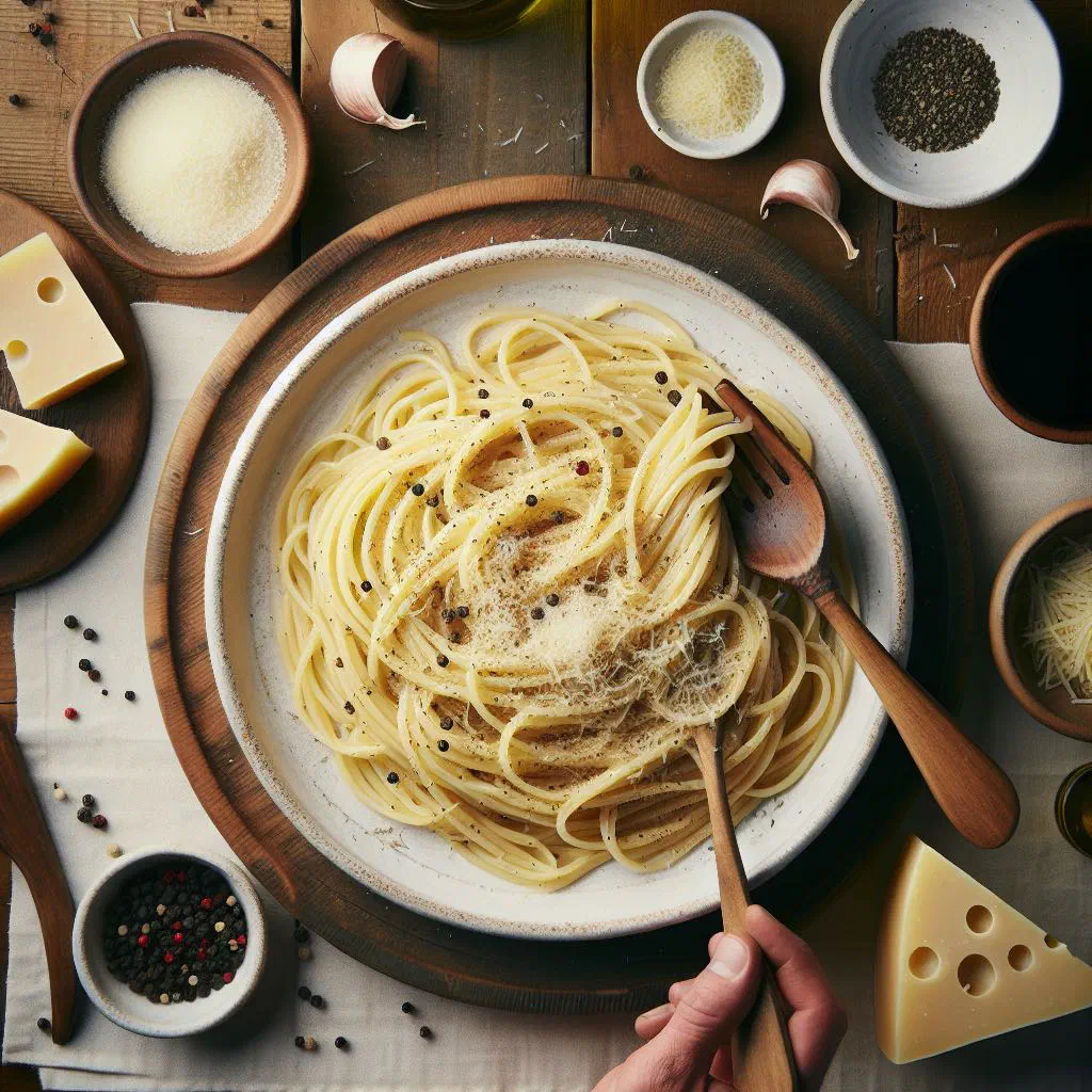 A bowl of cacio e pepe pasta coated in a creamy pecorino sauce with black pepper