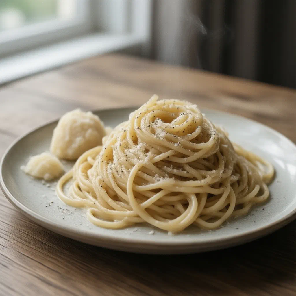 A bowl of cacio e pepe pasta coated in a creamy pecorino sauce with black pepper