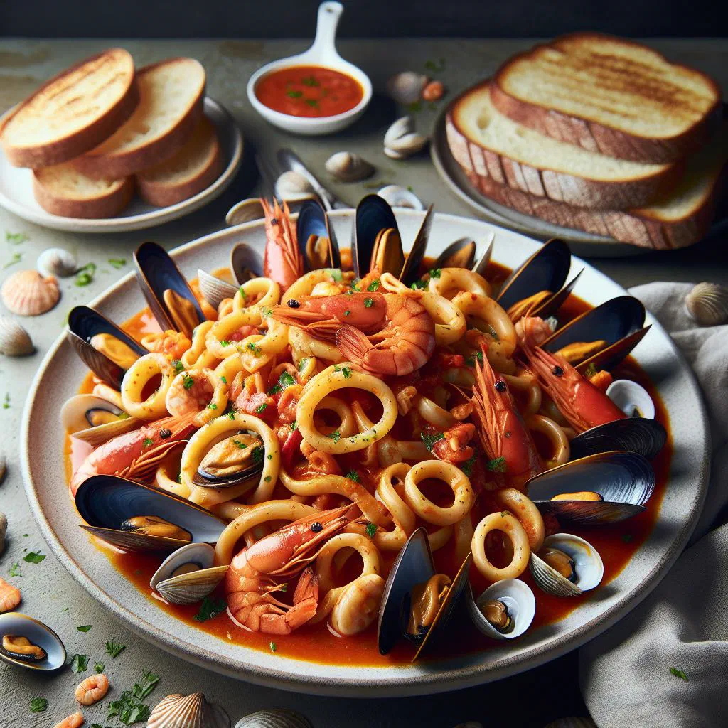 Ring-shaped calamarata pasta with prawns, mussels and squid in tomato sauce