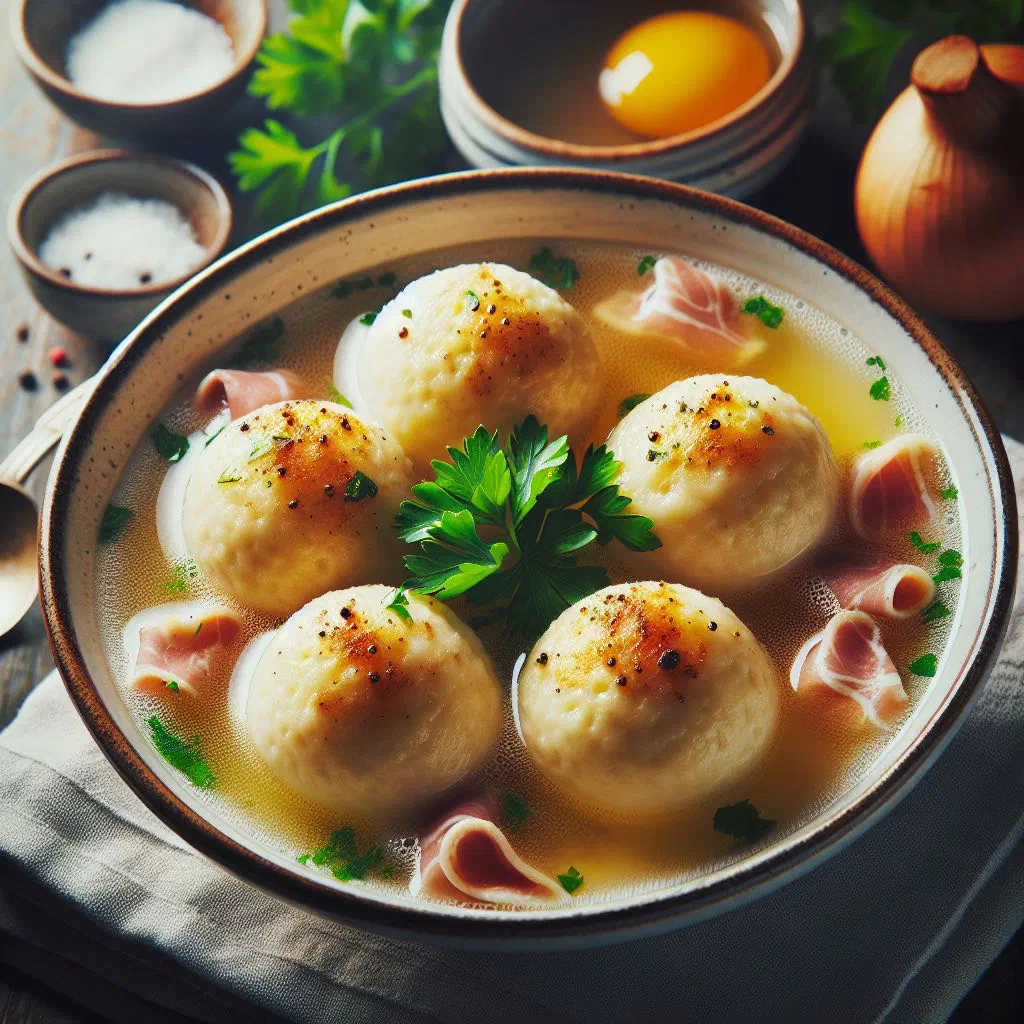 Canederli bread dumplings served in a clear broth with fresh herbs
