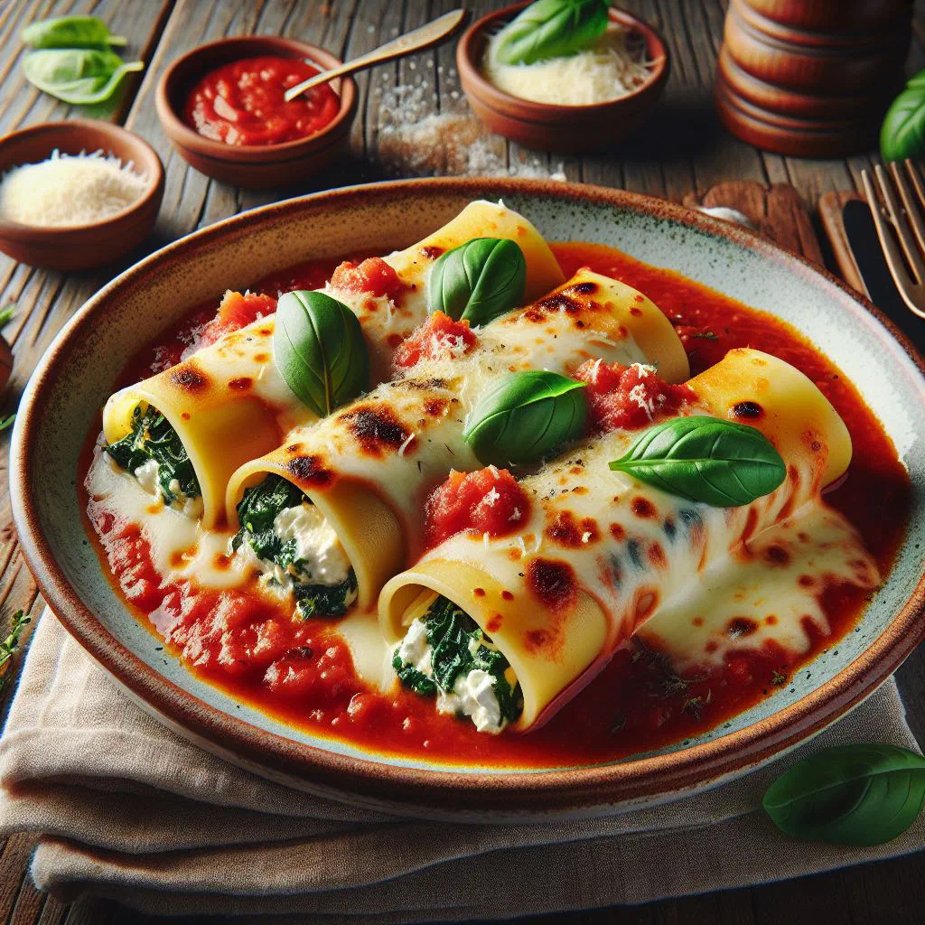 Baked cannelloni filled with ricotta and spinach under tomato sauce and melted cheese