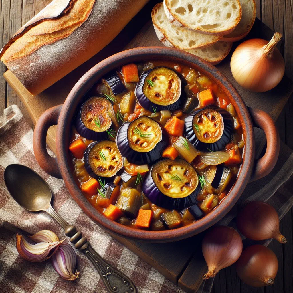 Sicilian caponata with diced aubergine, olives and capers garnished with basil