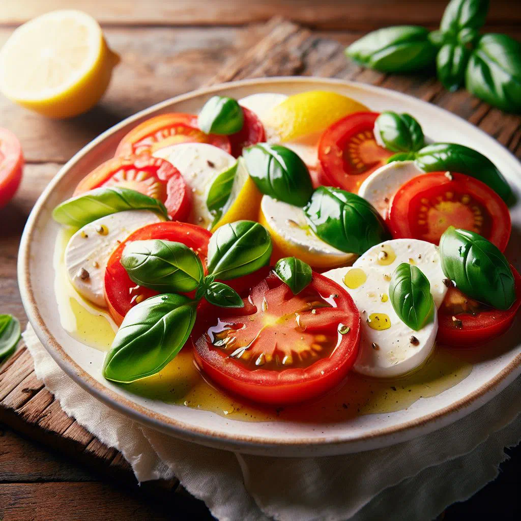 Caprese al limone with sliced mozzarella, tomatoes, lemon zest and basil