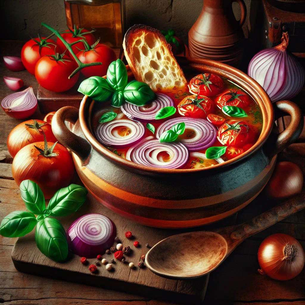 A warm bowl of Carabaccia Fiorentina onion soup topped with fresh herbs and toasted bread