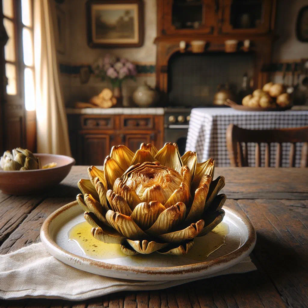 Golden, crispy deep-fried whole artichokes opened out like flowers