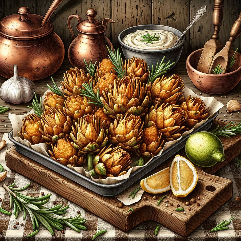 Golden, crispy fried artichokes served on a plate with lemon