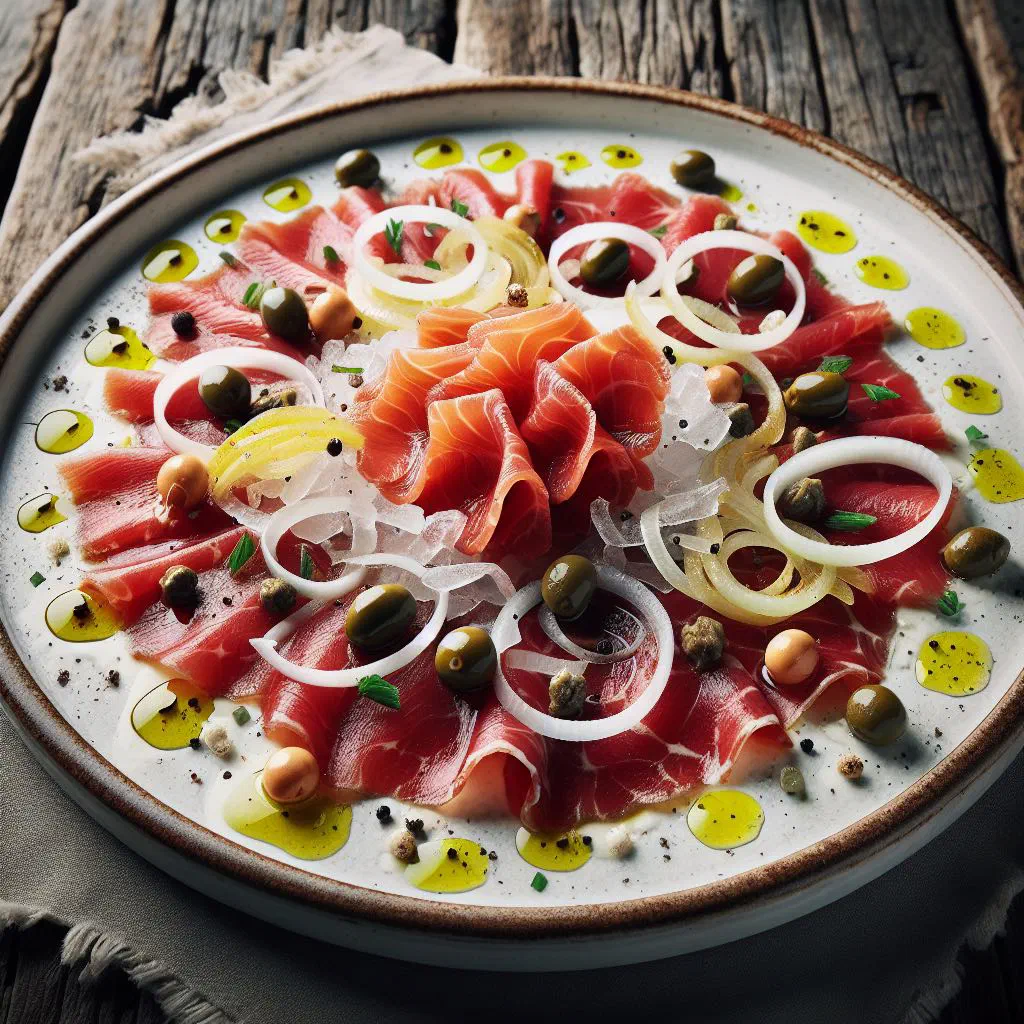 Wafer-thin slices of raw beef fillet dressed with olive oil, shaved Parmesan and rocket
