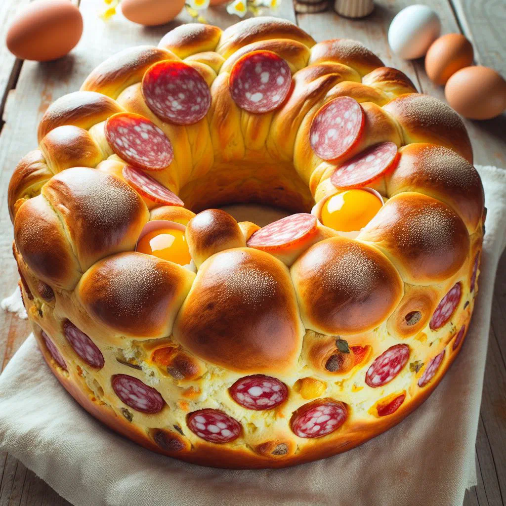 Golden ring-shaped Casatiello loaf studded with salami and cheese