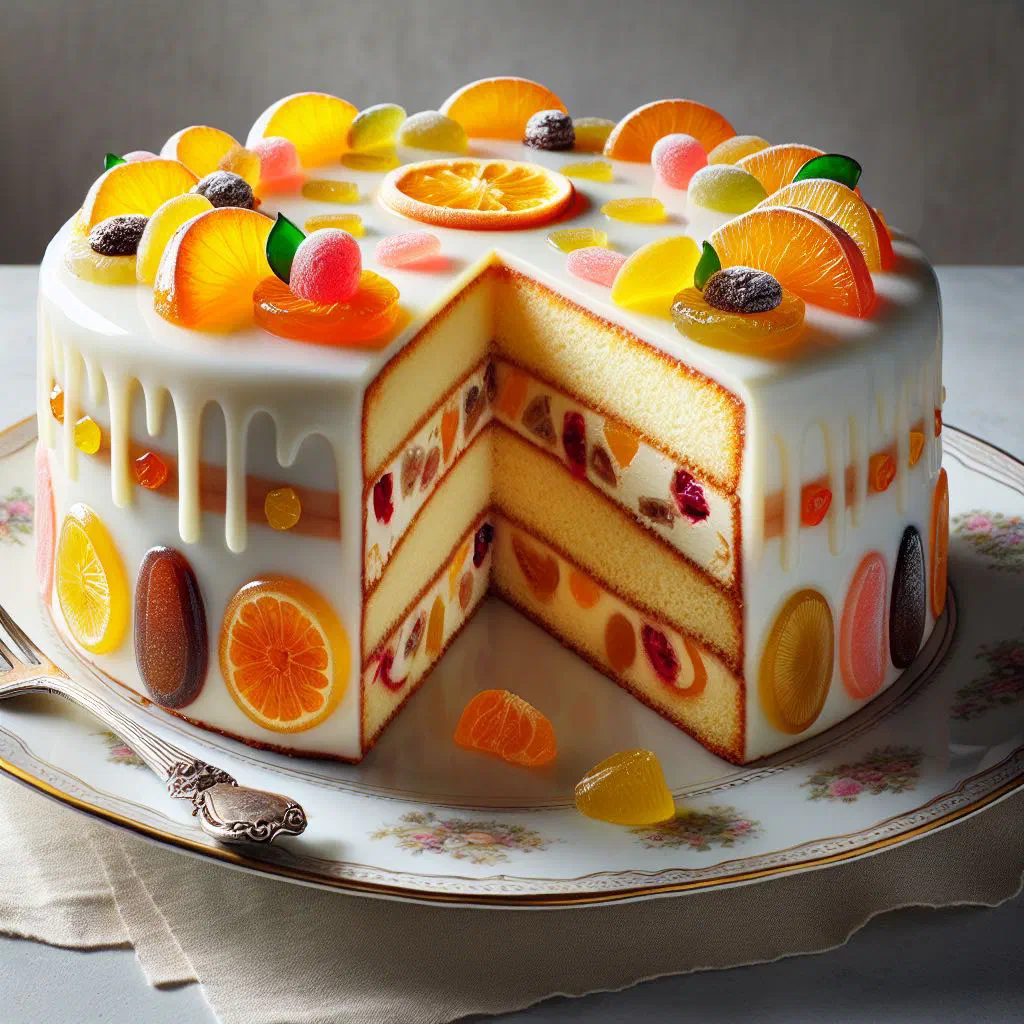 Cassata Siciliana decorated with marzipan and candied fruit, dusted with icing sugar