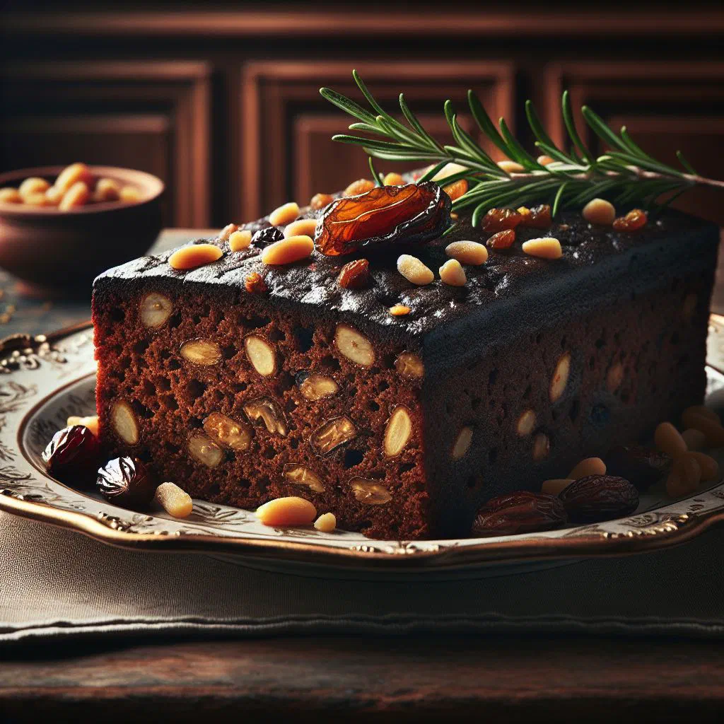 Rustic castagnaccio chestnut cake topped with rosemary and pine nuts