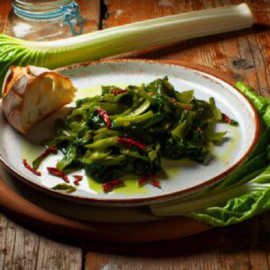 Sautéed chicory greens with garlic and olive oil in a white bowl