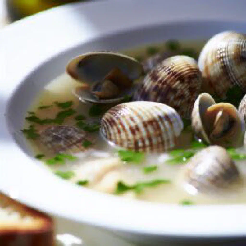 A bowl of Italian clam soup with fresh parsley and crusty bread
