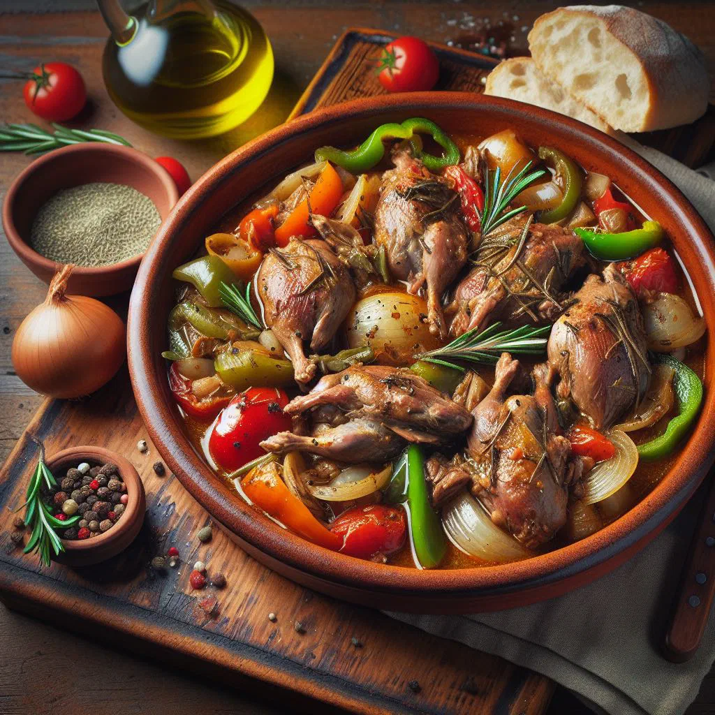Coniglio alla cacciatora, braised rabbit in tomato and herb sauce